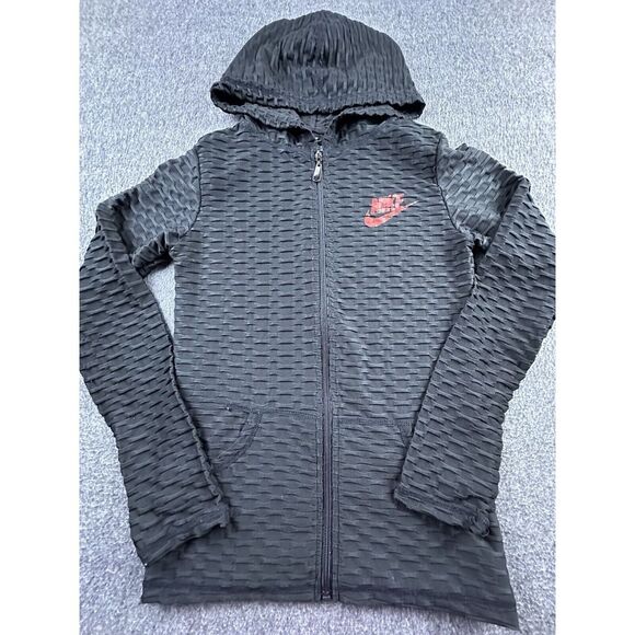 Nike Jacket Womens Small Black‎ Textured Fitted Stretch Hood Full Zip Athleisure - Picture 1 of 12